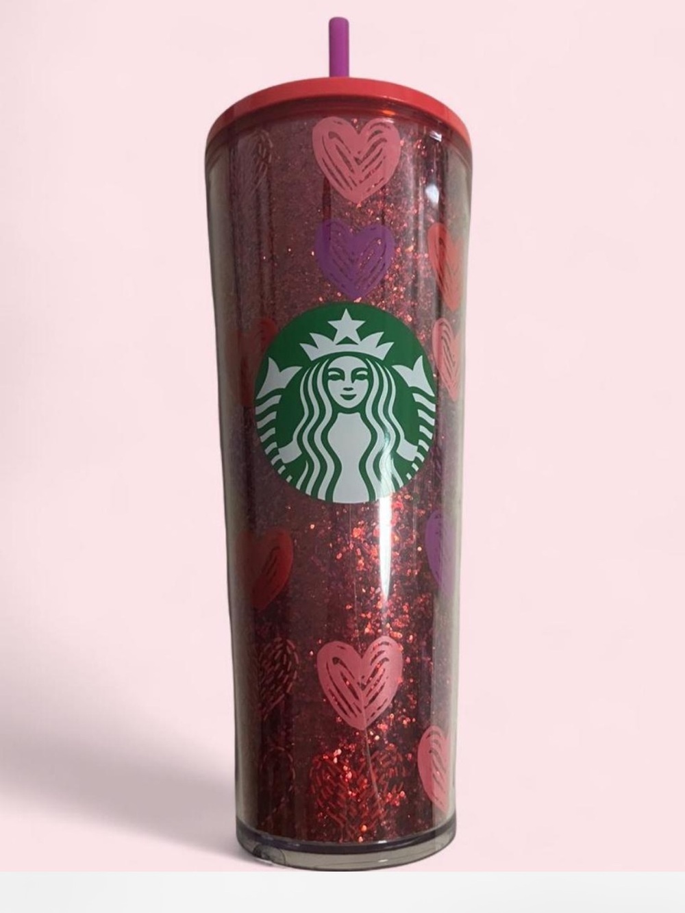 Starbucks Red Glitter Heart 24oz Tumbler with Straw
